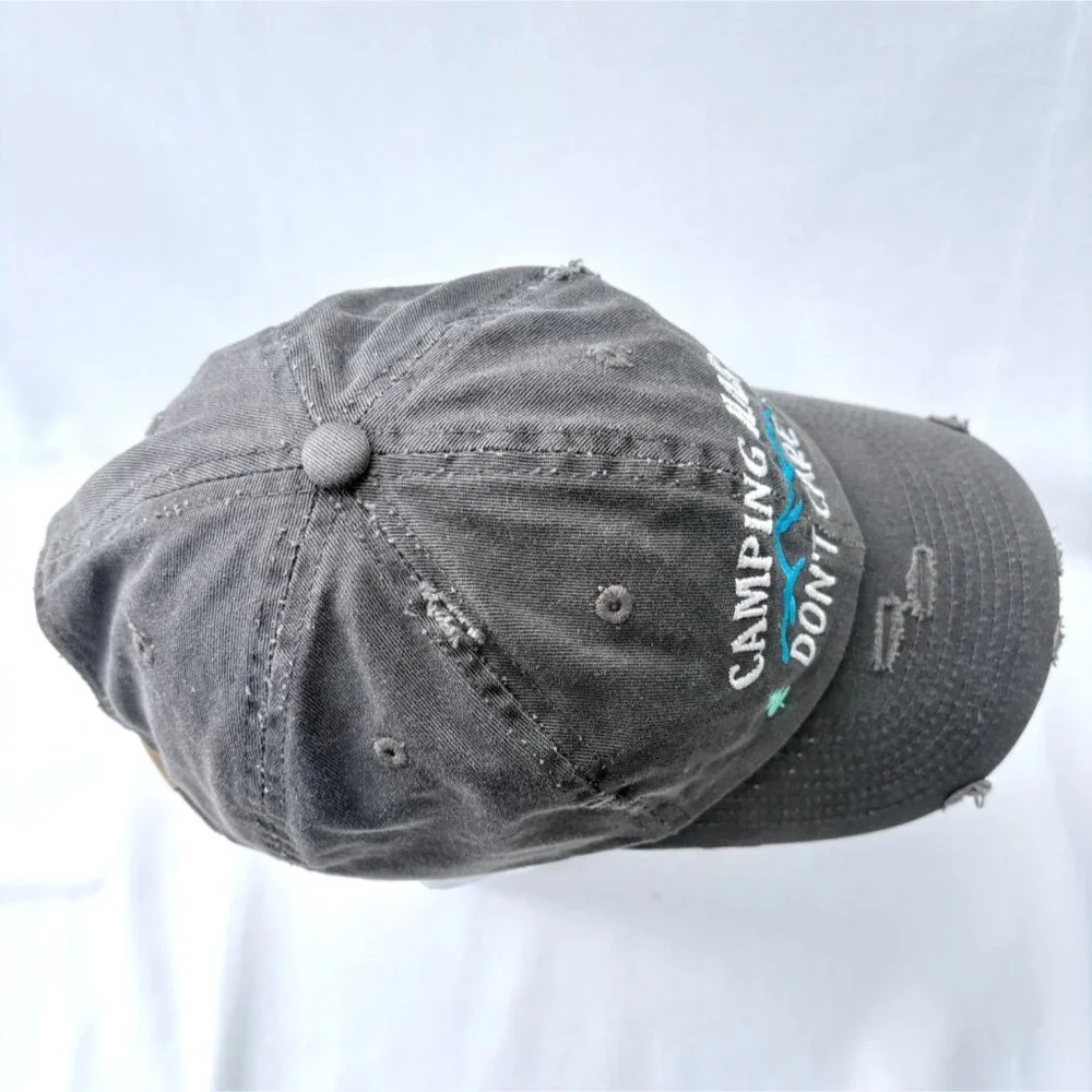 Embroidered Camping‎ Hair Don't Care Gray Distressed Strapback Baseball Cap Hat